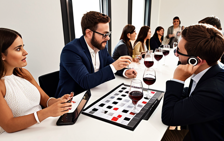 **
A wine tasting session, but instead of wine glasses, focus on magnifying glasses examining social media analytics dashboards. People in the background are discussing engagement rates and content quality. The overall feel is sophisticated and analytical, highlighting the importance of going beyond simple follower counts when evaluating influencers.
**