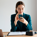 A professional female micro-influencer, fully clothed in modest, stylish attire, is genuinely interacting with her smartphone, recording an authentic review of a product. She is seated comfortably in a brightly lit, modern home office, surrounded by tastefully arranged, professional equipment. The scene highlights her engaged expression and natural pose, conveying trust and a deep connection with her niche audience. The image features perfect anatomy, correct proportions, well-formed hands, and proper finger count, ensuring natural body proportions. This is a safe for work, appropriate content, and family-friendly depiction, captured with high-quality, professional photography.