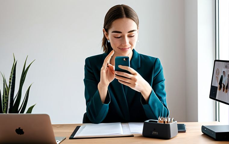 A professional female micro-influencer, fully clothed in modest, stylish attire, is genuinely interacting with her smartphone, recording an authentic review of a product. She is seated comfortably in a brightly lit, modern home office, surrounded by tastefully arranged, professional equipment. The scene highlights her engaged expression and natural pose, conveying trust and a deep connection with her niche audience. The image features perfect anatomy, correct proportions, well-formed hands, and proper finger count, ensuring natural body proportions. This is a safe for work, appropriate content, and family-friendly depiction, captured with high-quality, professional photography.