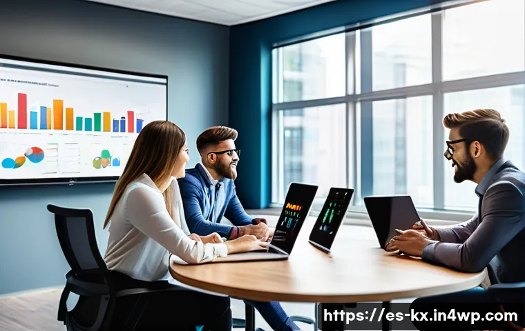 인플루언서 협업을 위한 정량적 성과 측정 방법 - A dynamic marketing team analyzing influencer engagement metrics in a modern office setting, large s...