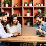 Home 19 인플루언서 협업의 글로벌 트렌드 - A vibrant digital marketing workspace featuring a diverse group of young Spanish-speaking microinflu...
