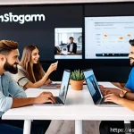 Home 18 인플루언서 협업에서의 소통의 중요성 - A professional setting showing a diverse group of social media influencers collaborating with a bran...